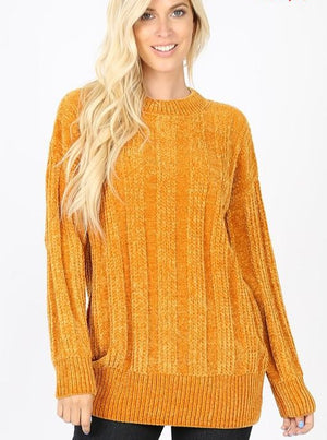 Chenille Cable Knit Sweater- Mustard - POSH NOVA