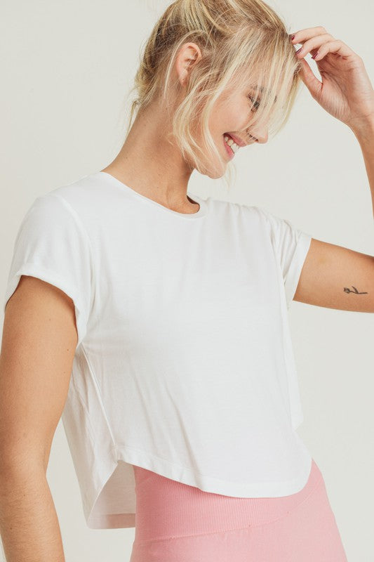 Basic Crop Top with Roll-Up Sleeves-White - POSH NOVA