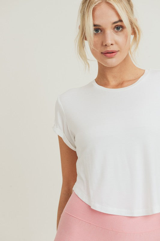 Basic Crop Top with Roll-Up Sleeves-White - POSH NOVA