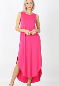 Side Slit Maxi Dress With Pockets-Hot Pink - POSH NOVA