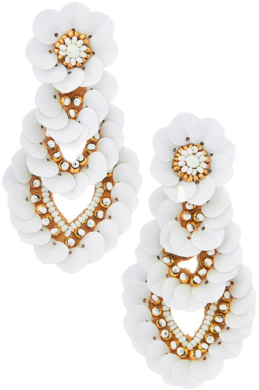 Flower Heart Drop Earrings-White