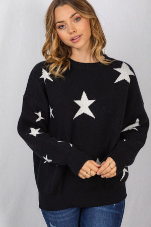 Star Bubble Sleeve Sweater-Black