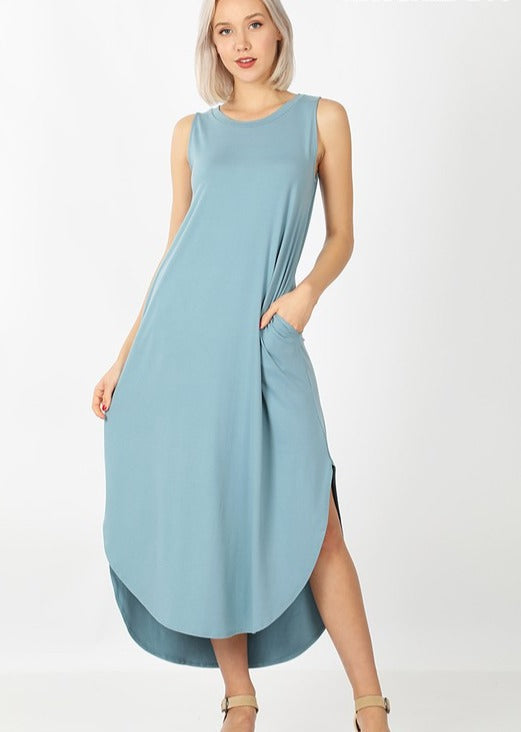 SIDE SLITS MAXI DRESS WITH POCKETS- Blue Grey - POSH NOVA