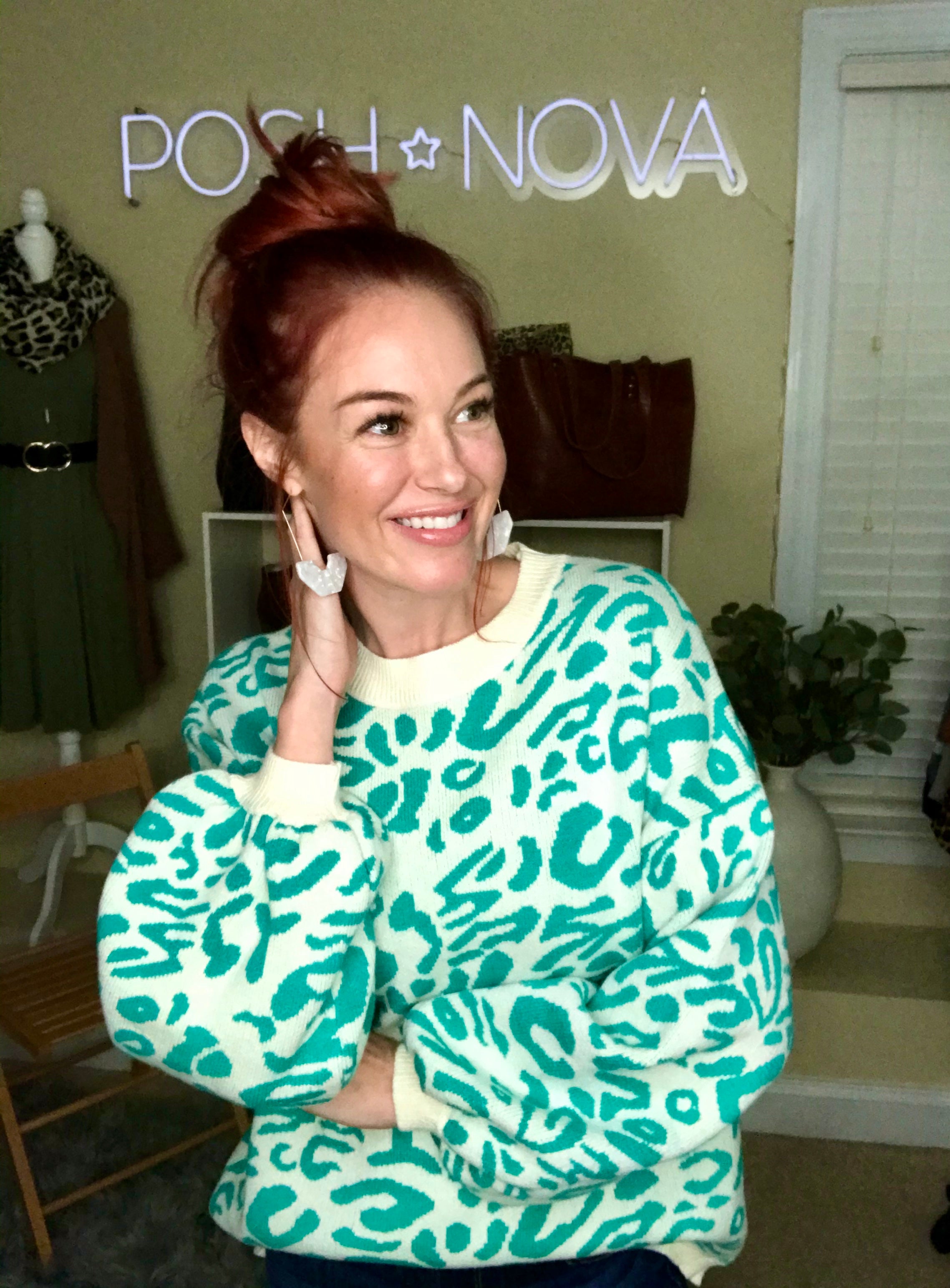 Alyssa Exotic Bubble Sleeve Sweater-Green - POSH NOVA