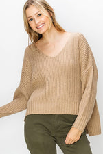 Tabby V-Neck Sweater- Taupe - POSH NOVA