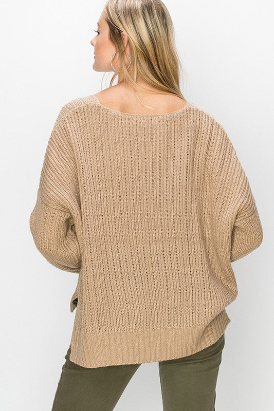 Tabby V-Neck Sweater- Taupe - POSH NOVA